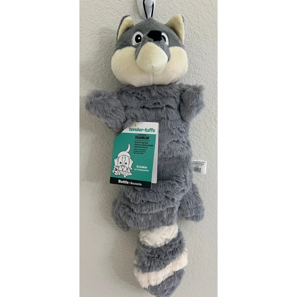 SmartPetLove Tender-Tuffs Bottle Raccoon Dog Toy Gray Plush Crinkle Squeaker NEW